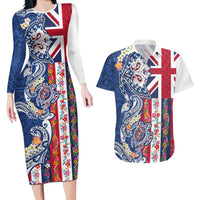 Hawaiian Manta Ray and Turtle Tribal Tattoo Couples Matching Long Sleeve Bodycon Dress and Hawaiian Shirt With Hawaii Flag and Flowers LT03 Multicolor - Polynesian Pride