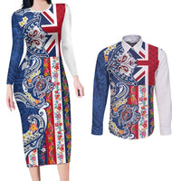 Hawaiian Manta Ray and Turtle Tribal Tattoo Couples Matching Long Sleeve Bodycon Dress and Long Sleeve Button Shirt With Hawaii Flag and Flowers LT03 Multicolor - Polynesian Pride