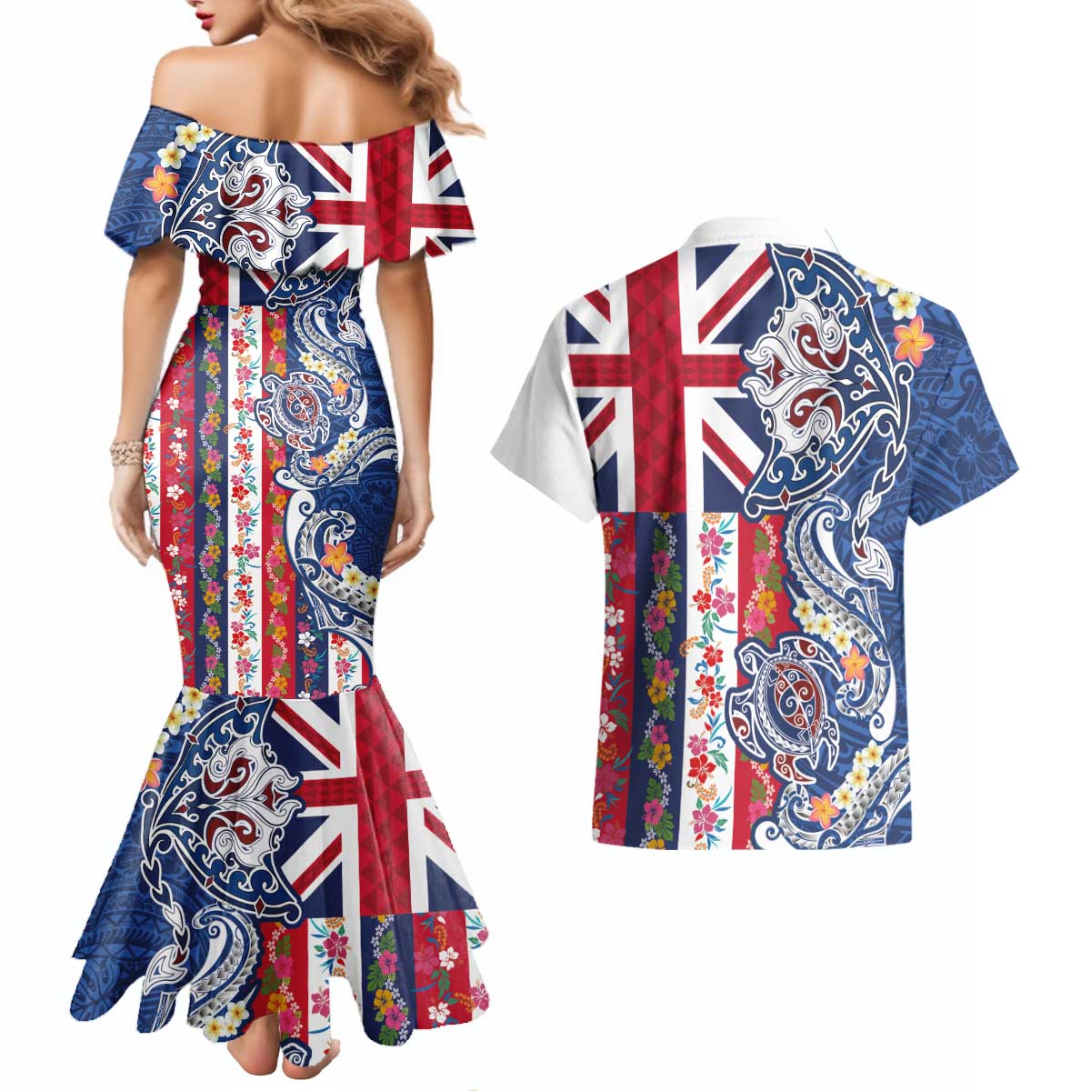 Hawaiian Manta Ray and Turtle Tribal Tattoo Couples Matching Mermaid Dress and Hawaiian Shirt With Hawaii Flag and Flowers LT03 - Polynesian Pride