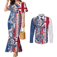 Hawaiian Manta Ray and Turtle Tribal Tattoo Couples Matching Mermaid Dress and Long Sleeve Button Shirt With Hawaii Flag and Flowers LT03 Multicolor - Polynesian Pride