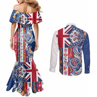 Hawaiian Manta Ray and Turtle Tribal Tattoo Couples Matching Mermaid Dress and Long Sleeve Button Shirt With Hawaii Flag and Flowers LT03 - Polynesian Pride