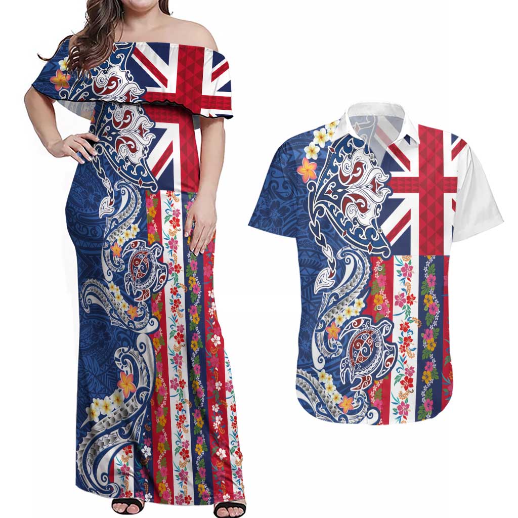 Hawaiian Manta Ray and Turtle Tribal Tattoo Couples Matching Off Shoulder Maxi Dress and Hawaiian Shirt With Hawaii Flag and Flowers LT03 Multicolor - Polynesian Pride