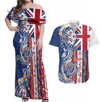 Hawaiian Manta Ray and Turtle Tribal Tattoo Couples Matching Off Shoulder Maxi Dress and Hawaiian Shirt With Hawaii Flag and Flowers LT03 Multicolor - Polynesian Pride