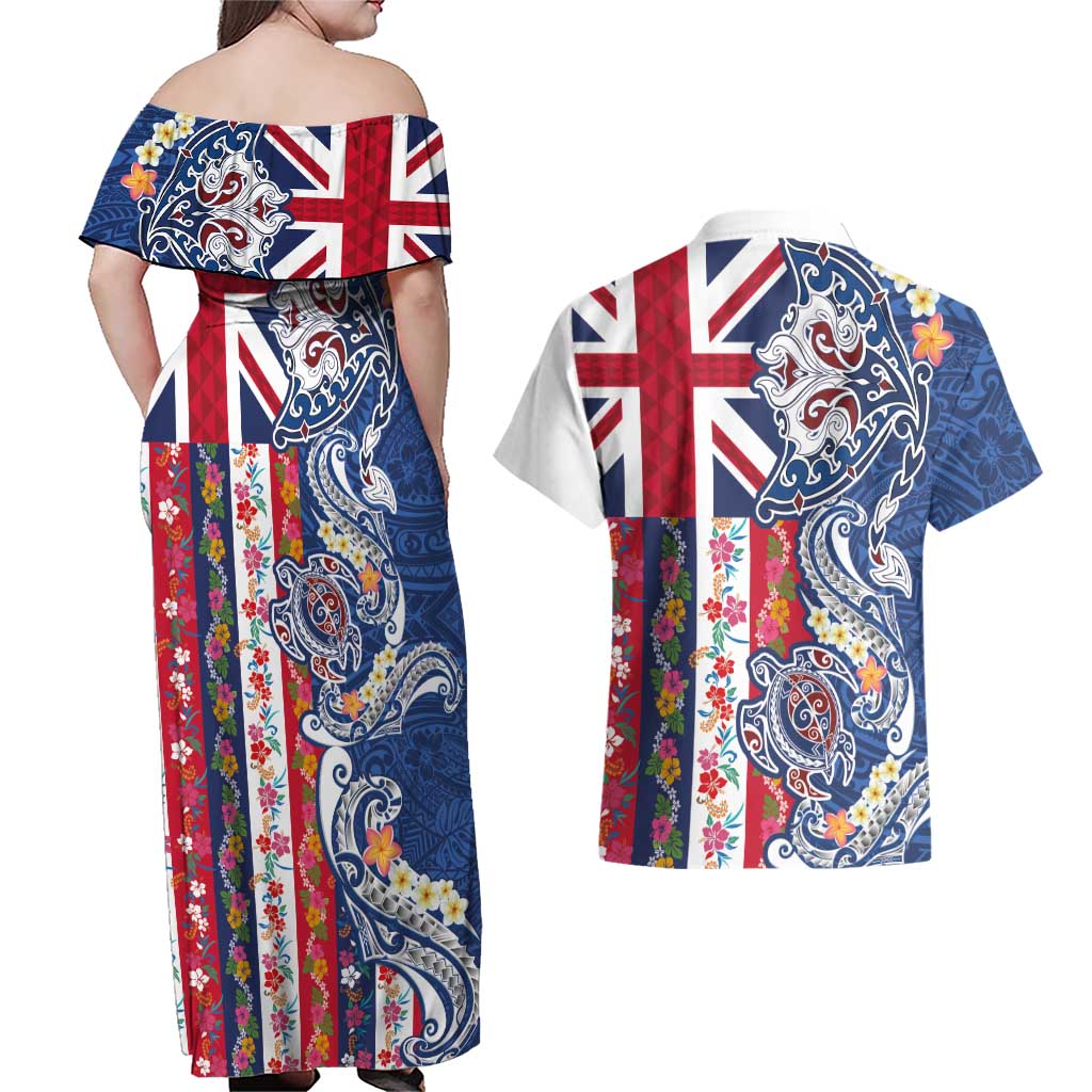Hawaiian Manta Ray and Turtle Tribal Tattoo Couples Matching Off Shoulder Maxi Dress and Hawaiian Shirt With Hawaii Flag and Flowers LT03 - Polynesian Pride