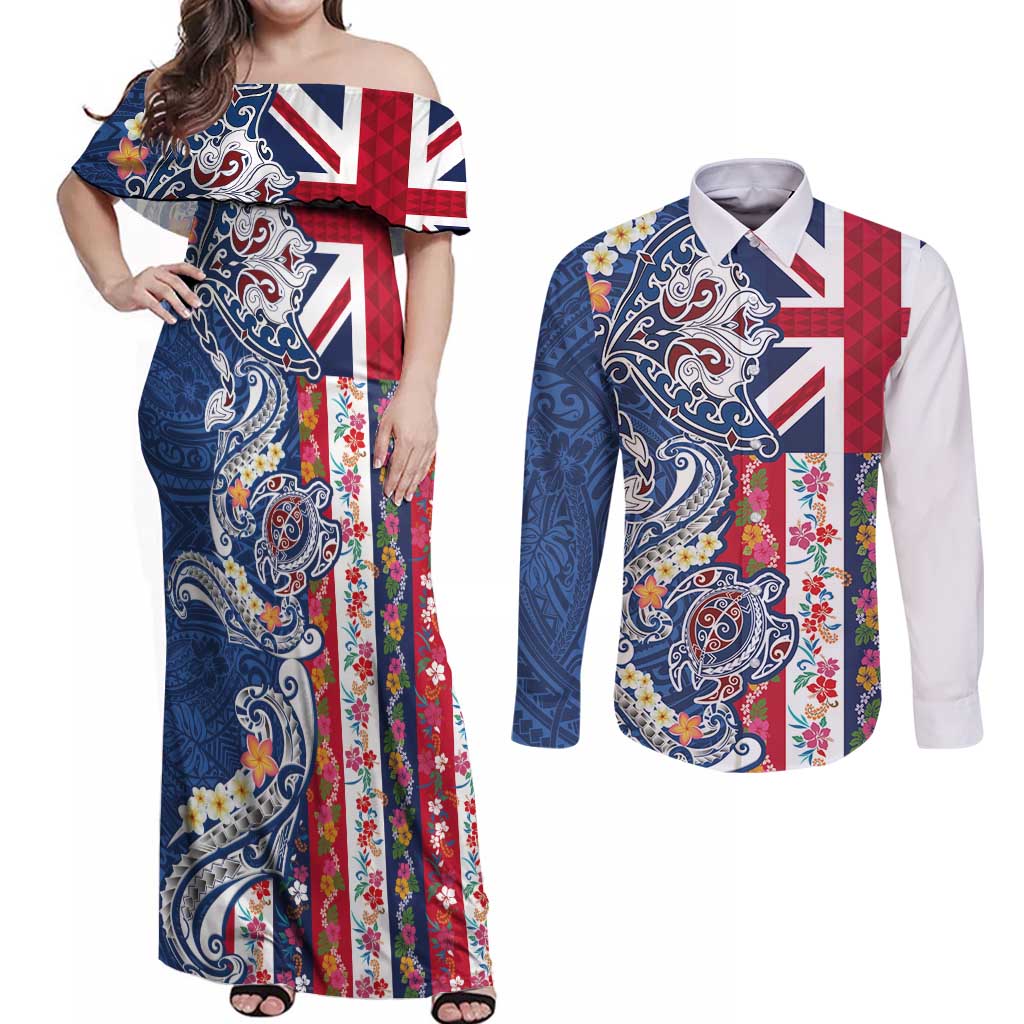 Hawaiian Manta Ray and Turtle Tribal Tattoo Couples Matching Off Shoulder Maxi Dress and Long Sleeve Button Shirt With Hawaii Flag and Flowers LT03 Multicolor - Polynesian Pride