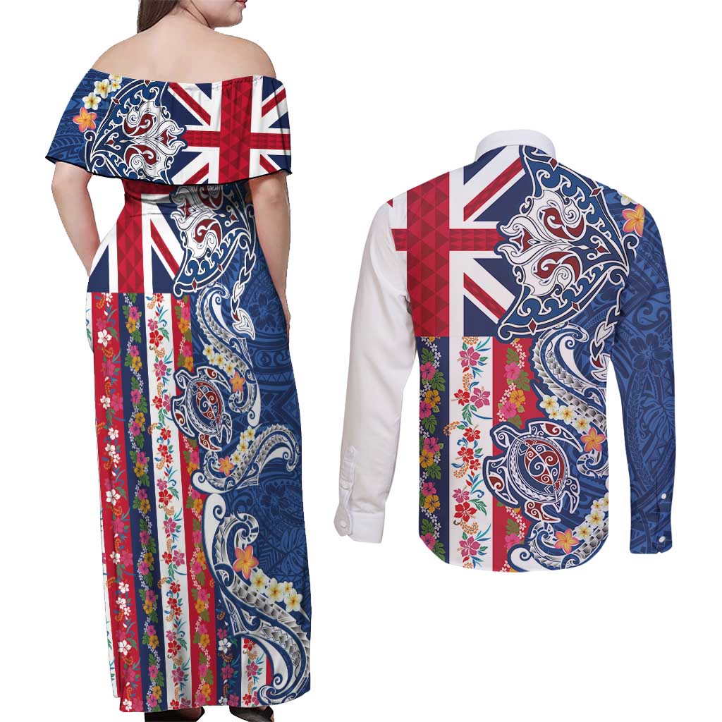 Hawaiian Manta Ray and Turtle Tribal Tattoo Couples Matching Off Shoulder Maxi Dress and Long Sleeve Button Shirt With Hawaii Flag and Flowers LT03 - Polynesian Pride