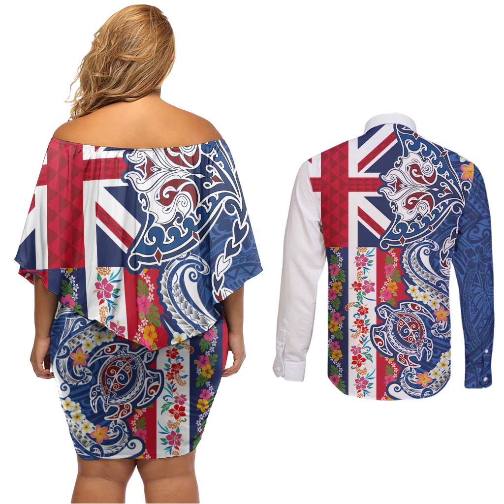 Hawaiian Manta Ray and Turtle Tribal Tattoo Couples Matching Off Shoulder Short Dress and Long Sleeve Button Shirt With Hawaii Flag and Flowers LT03 - Polynesian Pride