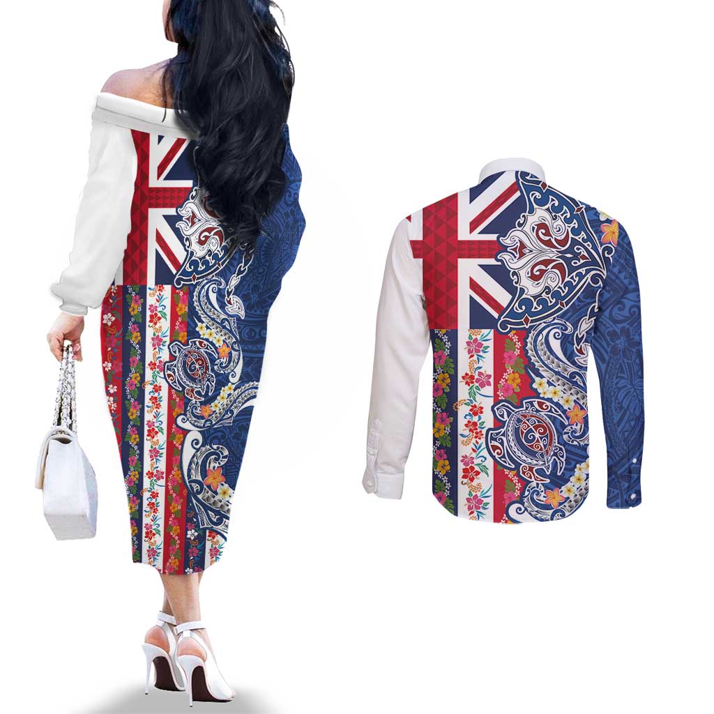 Hawaiian Manta Ray and Turtle Tribal Tattoo Couples Matching Off The Shoulder Long Sleeve Dress and Long Sleeve Button Shirt With Hawaii Flag and Flowers LT03 - Polynesian Pride
