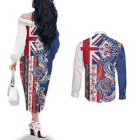 Hawaiian Manta Ray and Turtle Tribal Tattoo Couples Matching Off The Shoulder Long Sleeve Dress and Long Sleeve Button Shirt With Hawaii Flag and Flowers LT03 - Polynesian Pride