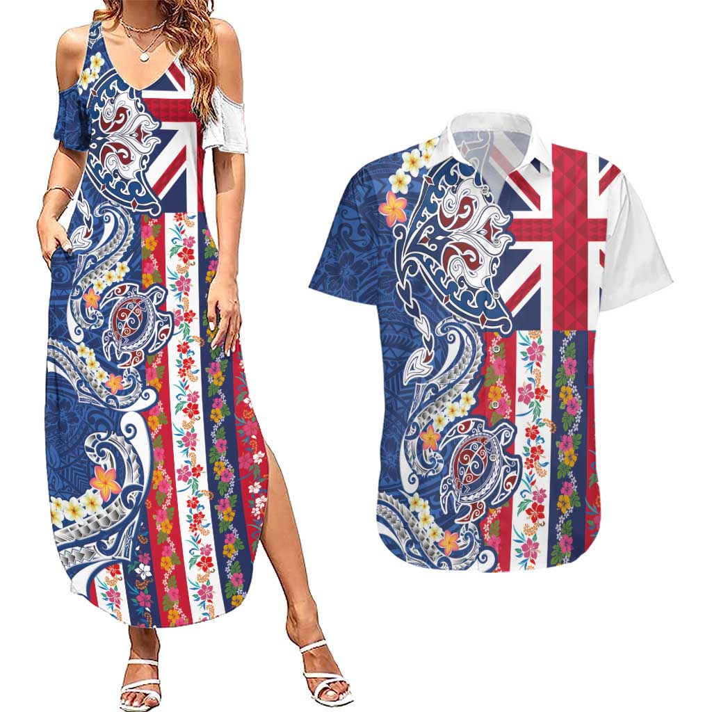 Hawaiian Manta Ray and Turtle Tribal Tattoo Couples Matching Summer Maxi Dress and Hawaiian Shirt With Hawaii Flag and Flowers LT03 Multicolor - Polynesian Pride