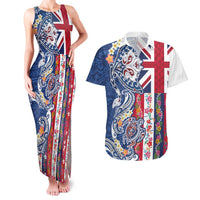 Hawaiian Manta Ray and Turtle Tribal Tattoo Couples Matching Tank Maxi Dress and Hawaiian Shirt With Hawaii Flag and Flowers LT03 Multicolor - Polynesian Pride