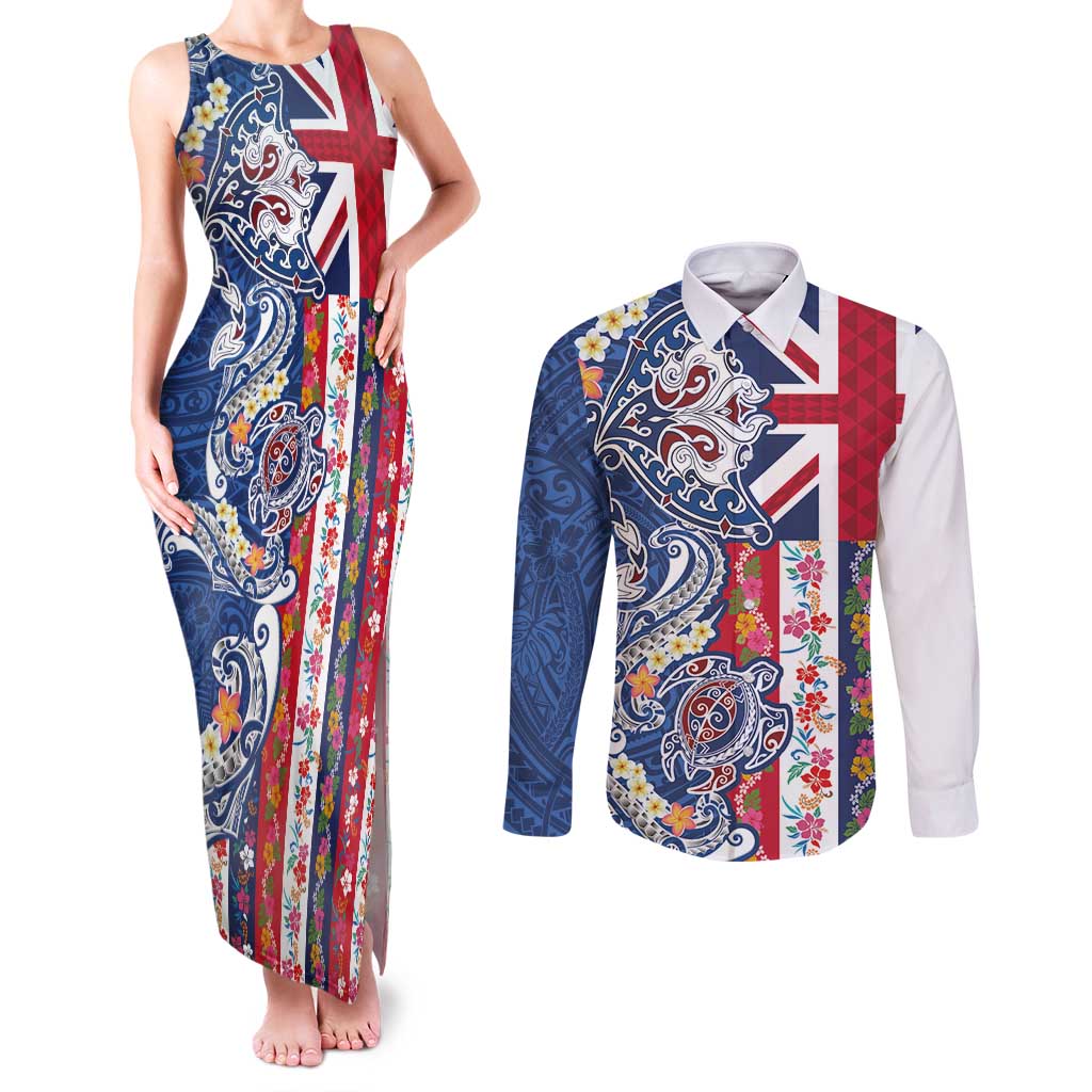 Hawaiian Manta Ray and Turtle Tribal Tattoo Couples Matching Tank Maxi Dress and Long Sleeve Button Shirt With Hawaii Flag and Flowers LT03 Multicolor - Polynesian Pride