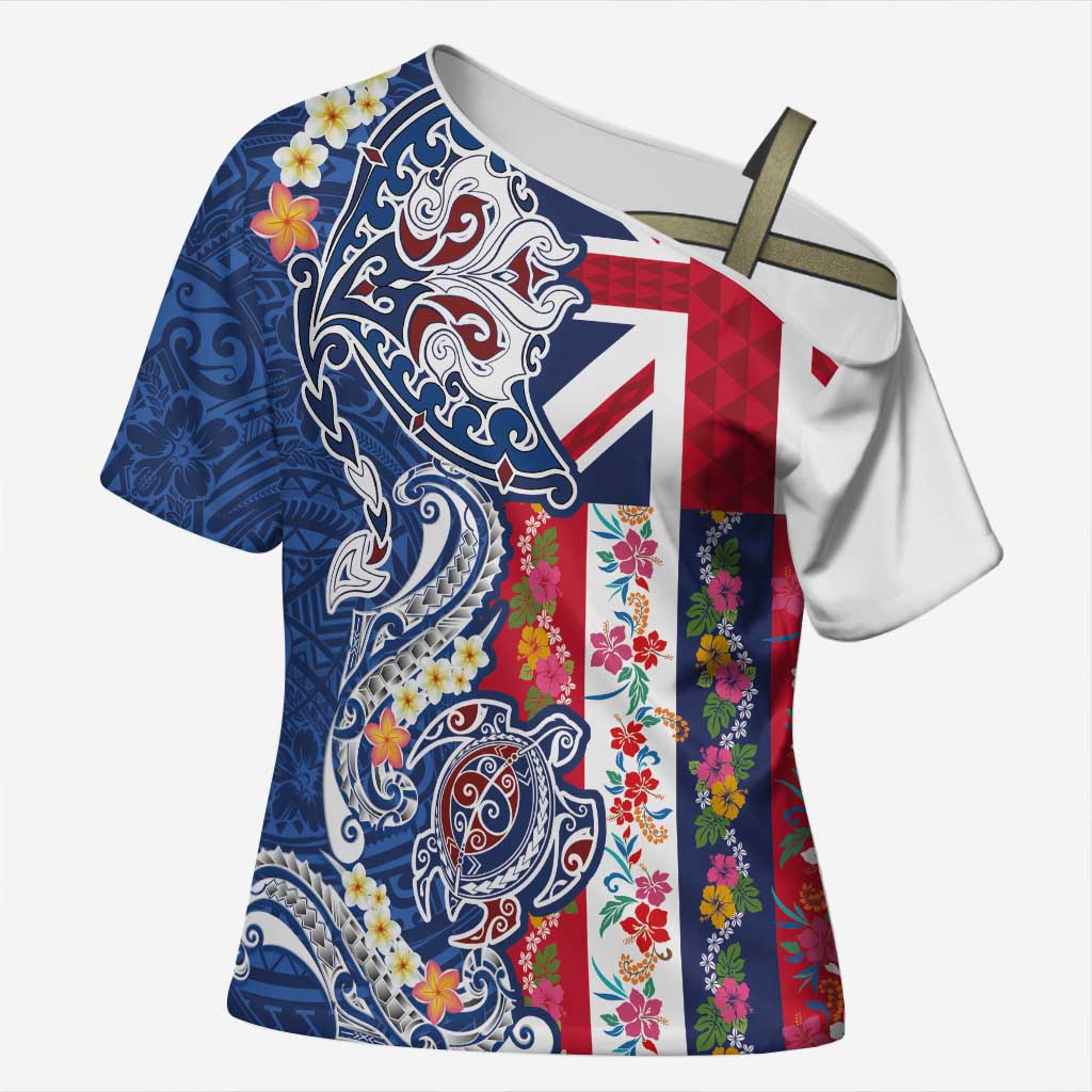 Hawaiian Manta Ray and Turtle Tribal Tattoo Cross Shoulder Shirt With Hawaii Flag and Flowers