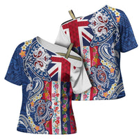 Hawaiian Manta Ray and Turtle Tribal Tattoo Cross Shoulder Shirt With Hawaii Flag and Flowers