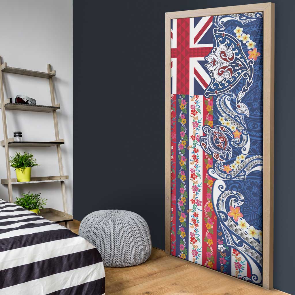 Hawaiian Manta Ray and Turtle Tribal Tattoo Door Cover With Hawaii Flag and Flowers