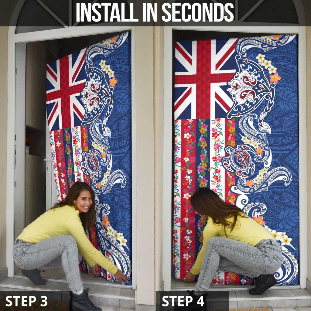 Hawaiian Manta Ray and Turtle Tribal Tattoo Door Cover With Hawaii Flag and Flowers