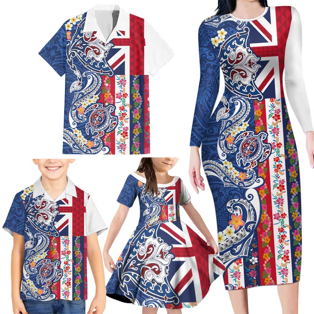 Hawaiian Manta Ray and Turtle Tribal Tattoo Family Matching Long Sleeve Bodycon Dress and Hawaiian Shirt With Hawaii Flag and Flowers
