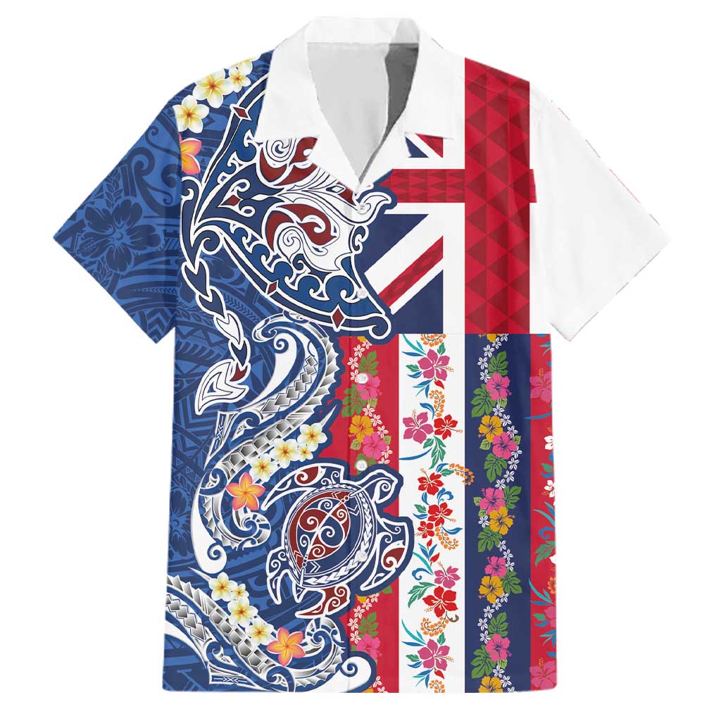 Hawaiian Manta Ray and Turtle Tribal Tattoo Family Matching Long Sleeve Bodycon Dress and Hawaiian Shirt With Hawaii Flag and Flowers LT03 Dad's Shirt - Short Sleeve Multicolor - Polynesian Pride
