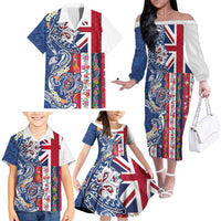 Hawaiian Manta Ray and Turtle Tribal Tattoo Family Matching Off The Shoulder Long Sleeve Dress and Hawaiian Shirt With Hawaii Flag and Flowers LT03 - Polynesian Pride