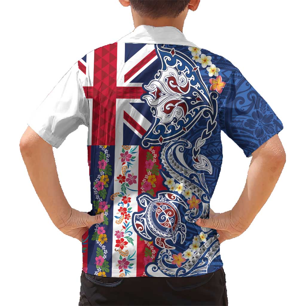 Hawaiian Manta Ray and Turtle Tribal Tattoo Family Matching Off Shoulder Maxi Dress and Hawaiian Shirt With Hawaii Flag and Flowers LT03 - Polynesian Pride