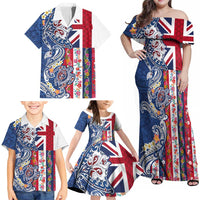 Hawaiian Manta Ray and Turtle Tribal Tattoo Family Matching Off Shoulder Maxi Dress and Hawaiian Shirt With Hawaii Flag and Flowers LT03 - Polynesian Pride