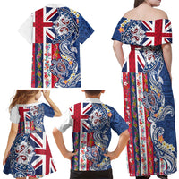 Hawaiian Manta Ray and Turtle Tribal Tattoo Family Matching Off Shoulder Maxi Dress and Hawaiian Shirt With Hawaii Flag and Flowers LT03 - Polynesian Pride