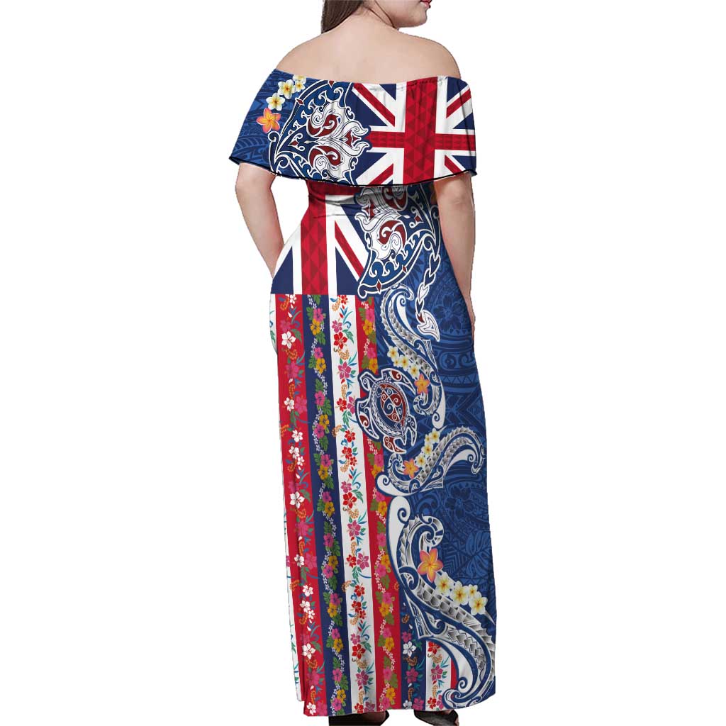 Hawaiian Manta Ray and Turtle Tribal Tattoo Family Matching Off Shoulder Maxi Dress and Hawaiian Shirt With Hawaii Flag and Flowers LT03 - Polynesian Pride