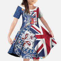 Hawaiian Manta Ray and Turtle Tribal Tattoo Family Matching Off Shoulder Short Dress and Hawaiian Shirt With Hawaii Flag and Flowers LT03 Daughter's Dress Multicolor - Polynesian Pride