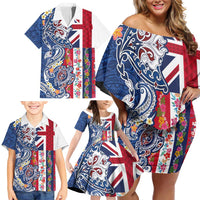 Hawaiian Manta Ray and Turtle Tribal Tattoo Family Matching Off Shoulder Short Dress and Hawaiian Shirt With Hawaii Flag and Flowers LT03 - Polynesian Pride