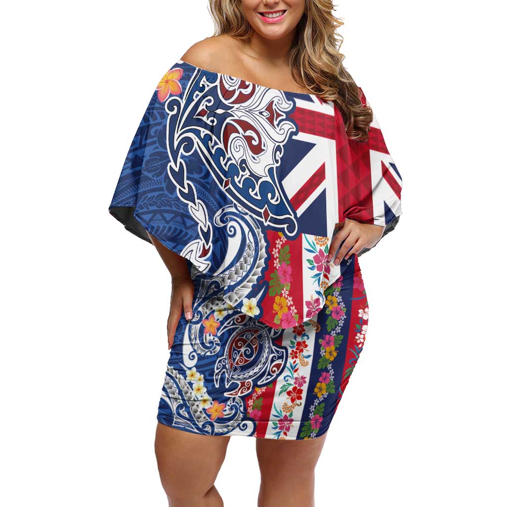 Hawaiian Manta Ray and Turtle Tribal Tattoo Family Matching Off Shoulder Short Dress and Hawaiian Shirt With Hawaii Flag and Flowers LT03 Mom's Dress Multicolor - Polynesian Pride