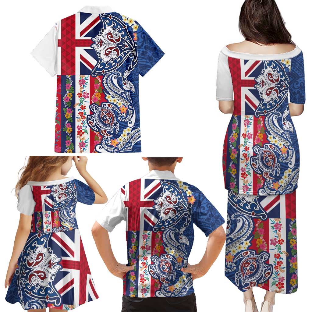 Hawaiian Manta Ray and Turtle Tribal Tattoo Family Matching Puletasi and Hawaiian Shirt With Hawaii Flag and Flowers LT03 - Polynesian Pride