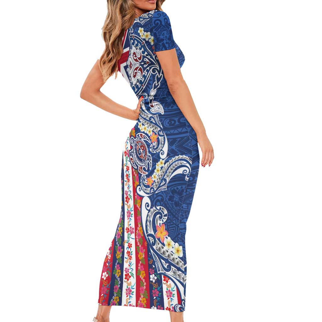 Hawaiian Manta Ray and Turtle Tribal Tattoo Family Matching Short Sleeve Bodycon Dress and Hawaiian Shirt With Hawaii Flag and Flowers LT03 - Polynesian Pride