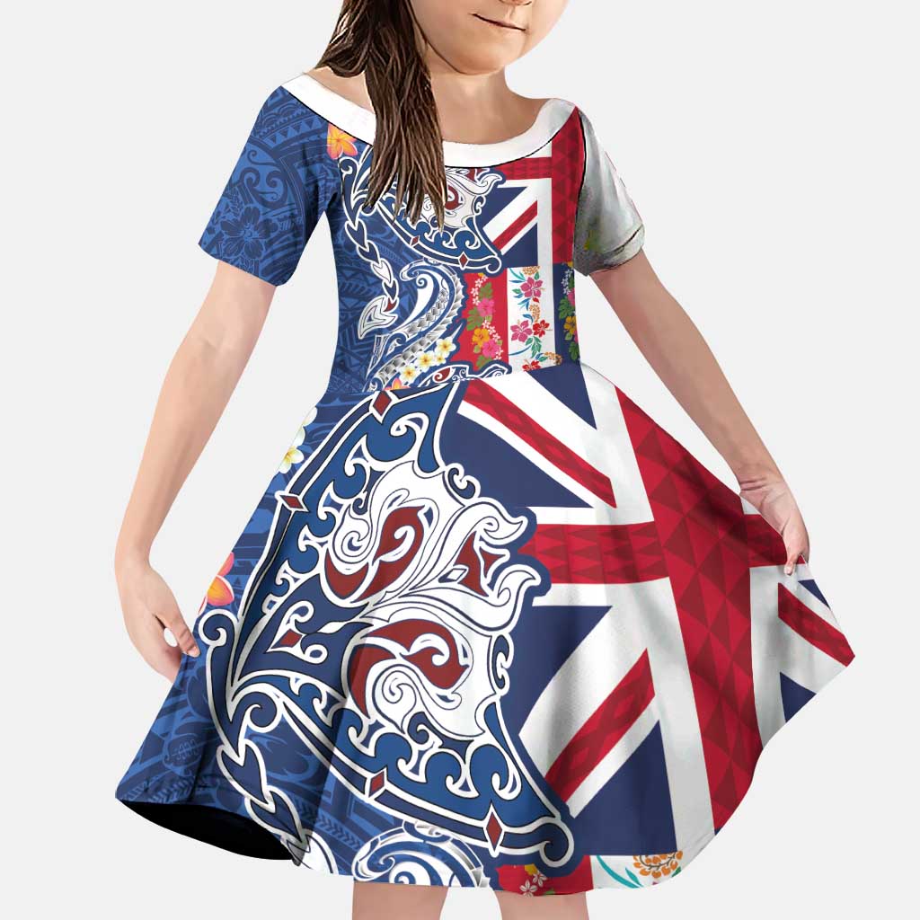 Hawaiian Manta Ray and Turtle Tribal Tattoo Family Matching Summer Maxi Dress and Hawaiian Shirt With Hawaii Flag and Flowers LT03 Daughter's Dress Multicolor - Polynesian Pride