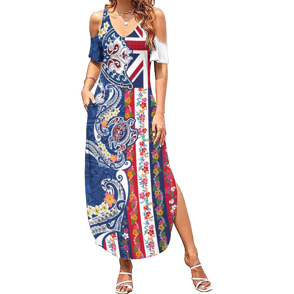 Hawaiian Manta Ray and Turtle Tribal Tattoo Family Matching Summer Maxi Dress and Hawaiian Shirt With Hawaii Flag and Flowers LT03 Mom's Dress Multicolor - Polynesian Pride