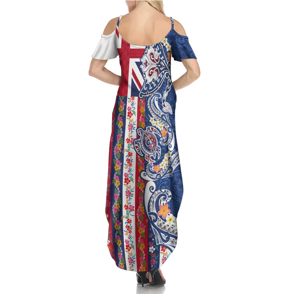 Hawaiian Manta Ray and Turtle Tribal Tattoo Family Matching Summer Maxi Dress and Hawaiian Shirt With Hawaii Flag and Flowers LT03 - Polynesian Pride