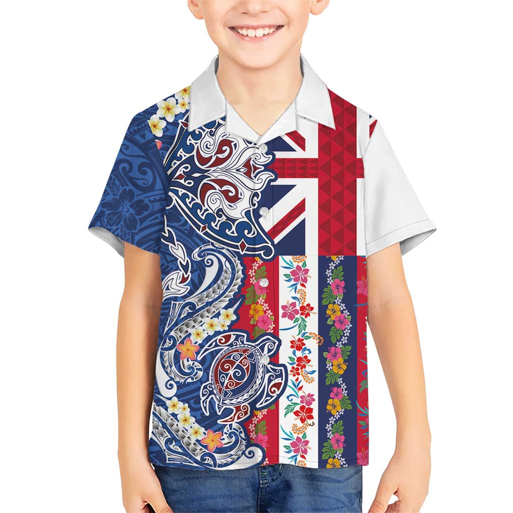 Hawaiian Manta Ray and Turtle Tribal Tattoo Family Matching Summer Maxi Dress and Hawaiian Shirt With Hawaii Flag and Flowers LT03 Son's Shirt Multicolor - Polynesian Pride
