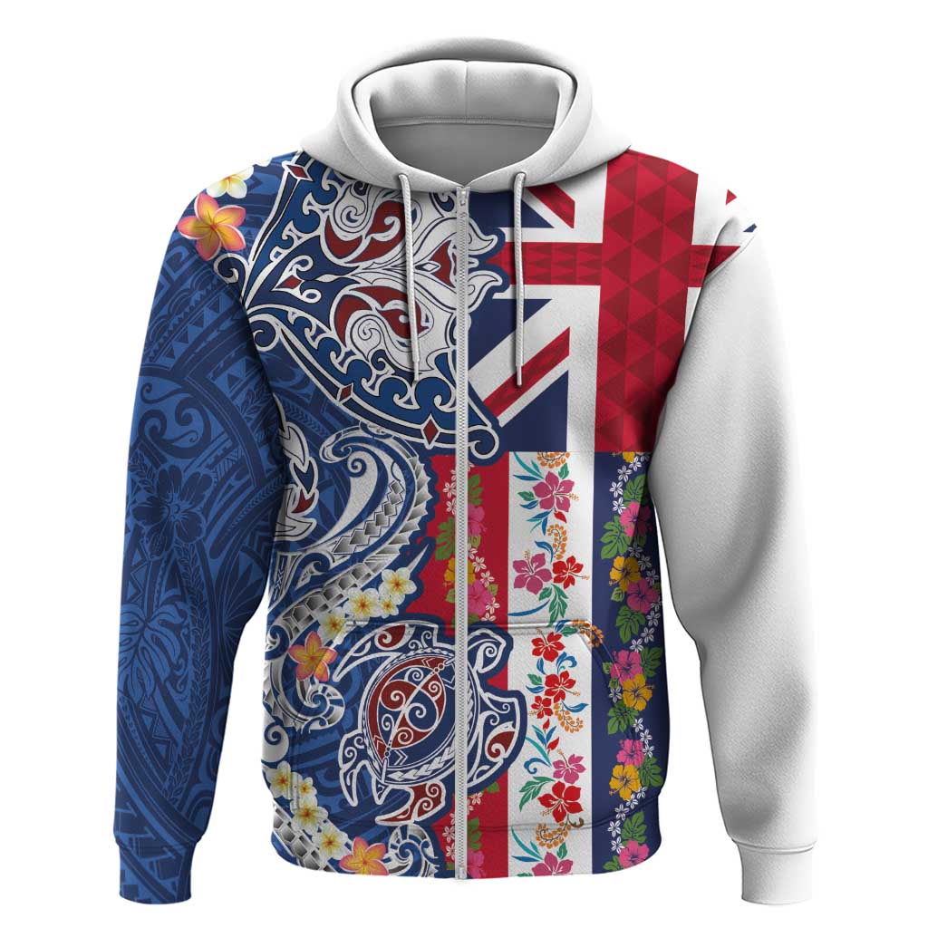 Hawaiian Manta Ray and Turtle Tribal Tattoo Hoodie With Hawaii Flag and Flowers