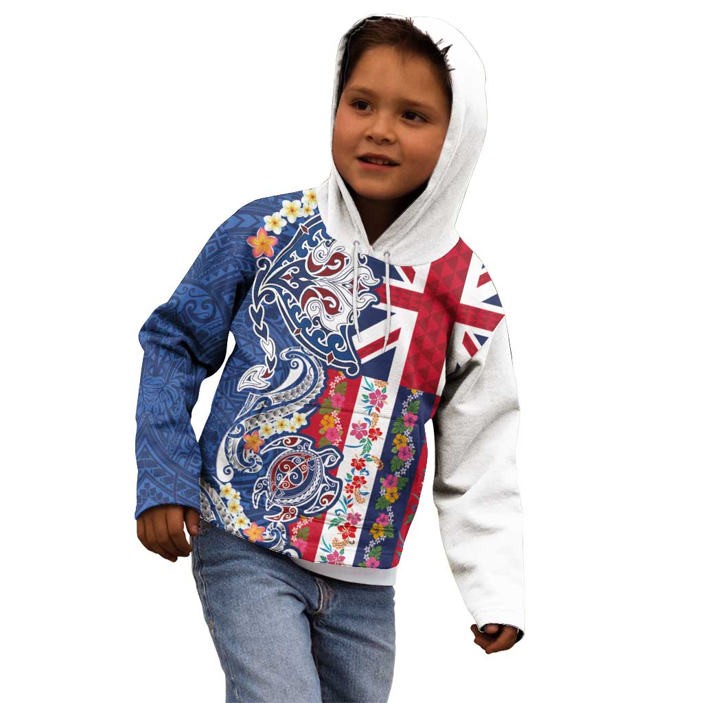 Hawaiian Manta Ray and Turtle Tribal Tattoo Kid Hoodie With Hawaii Flag and Flowers