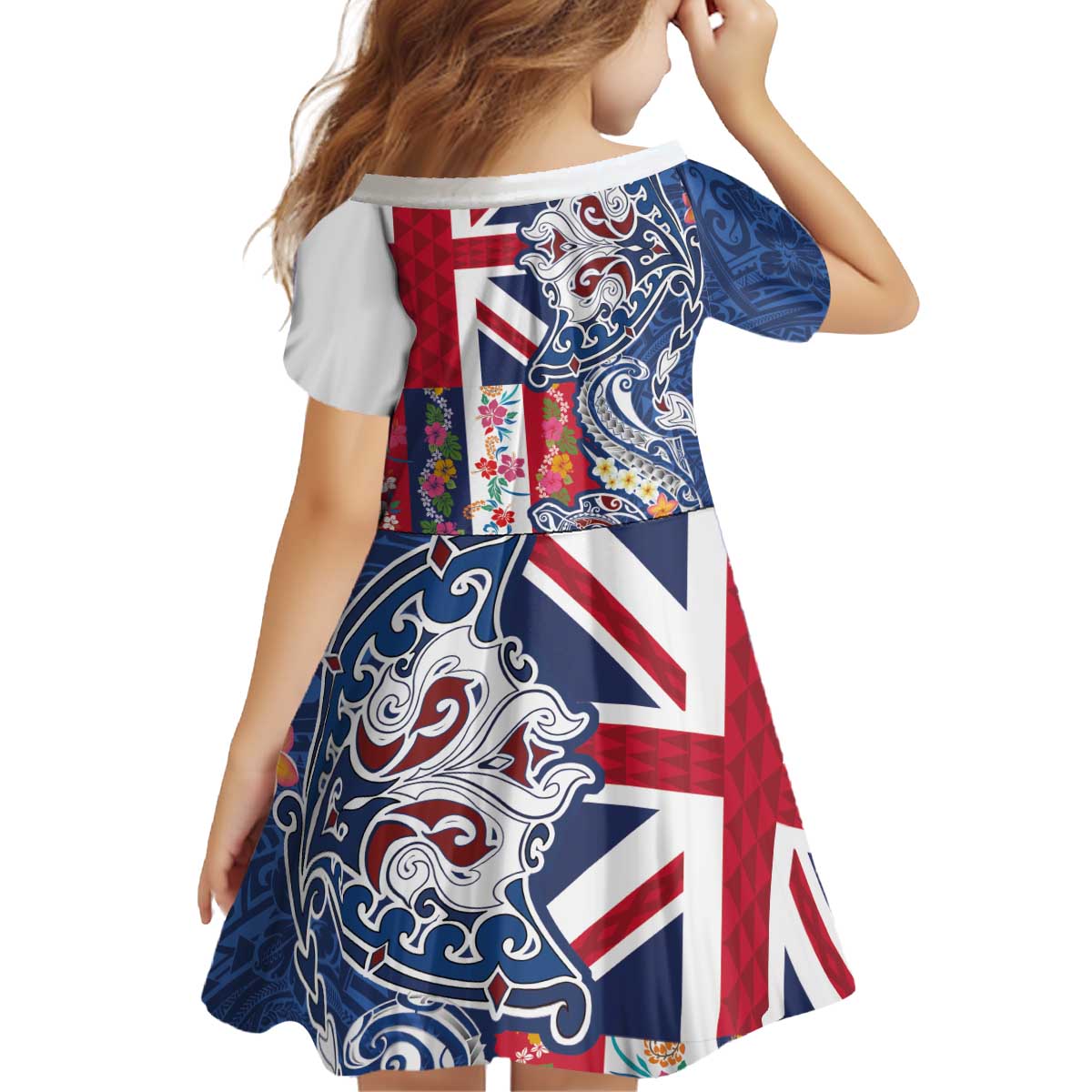 Hawaiian Manta Ray and Turtle Tribal Tattoo Kid Short Sleeve Dress With Hawaii Flag and Flowers