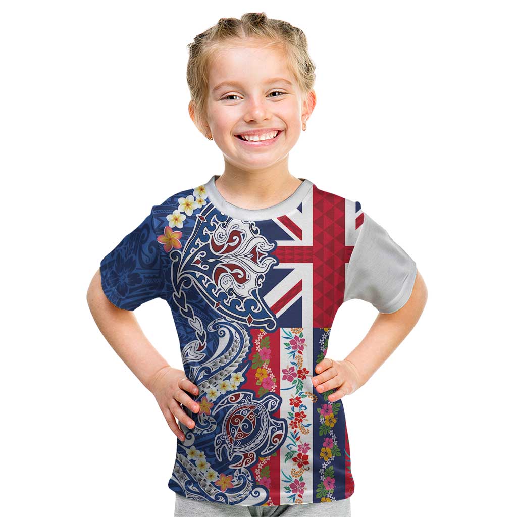 Hawaiian Manta Ray and Turtle Tribal Tattoo Kid T Shirt With Hawaii Flag and Flowers