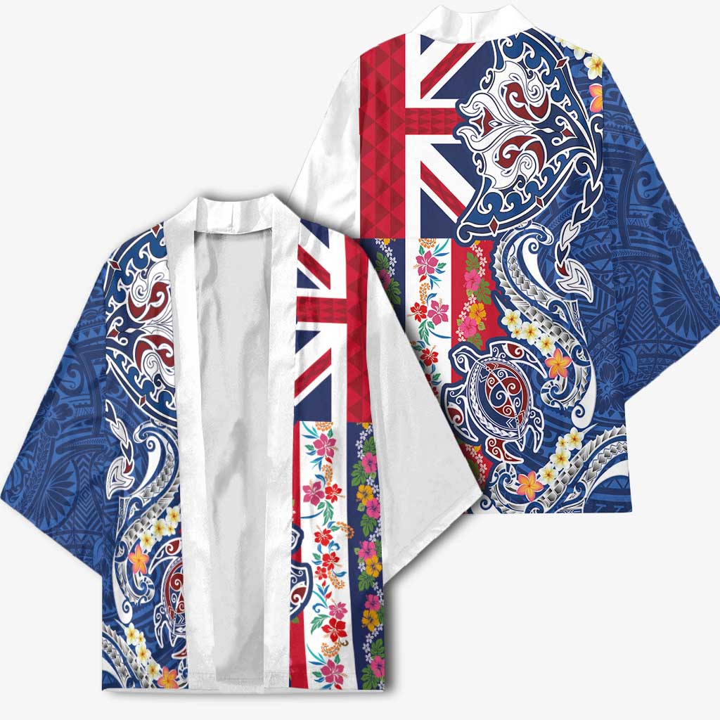 Hawaiian Manta Ray and Turtle Tribal Tattoo Kimono With Hawaii Flag and Flowers