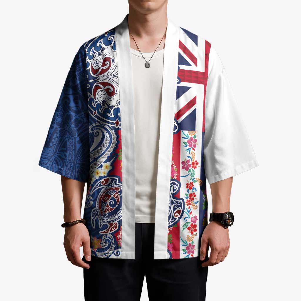 Hawaiian Manta Ray and Turtle Tribal Tattoo Kimono With Hawaii Flag and Flowers