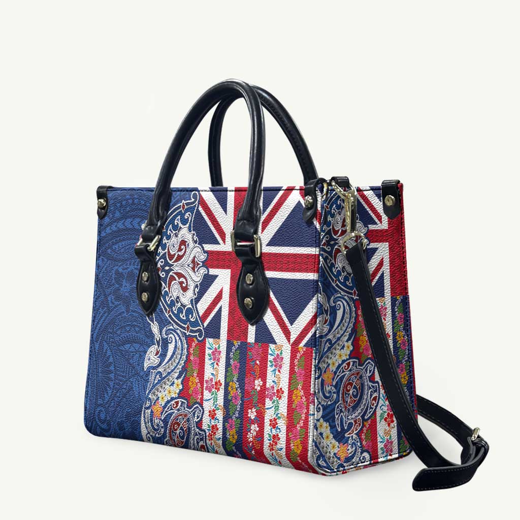 Hawaiian Manta Ray and Turtle Tribal Tattoo Leather Bag With Hawaii Flag and Flowers