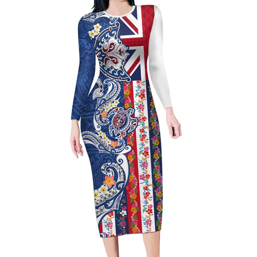 Hawaiian Manta Ray and Turtle Tribal Tattoo Long Sleeve Bodycon Dress With Hawaii Flag and Flowers