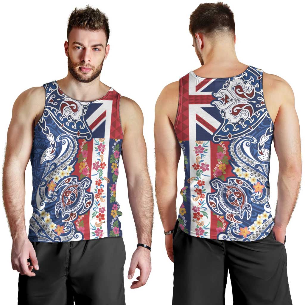 Hawaiian Manta Ray and Turtle Tribal Tattoo Men Tank Top With Hawaii Flag and Flowers