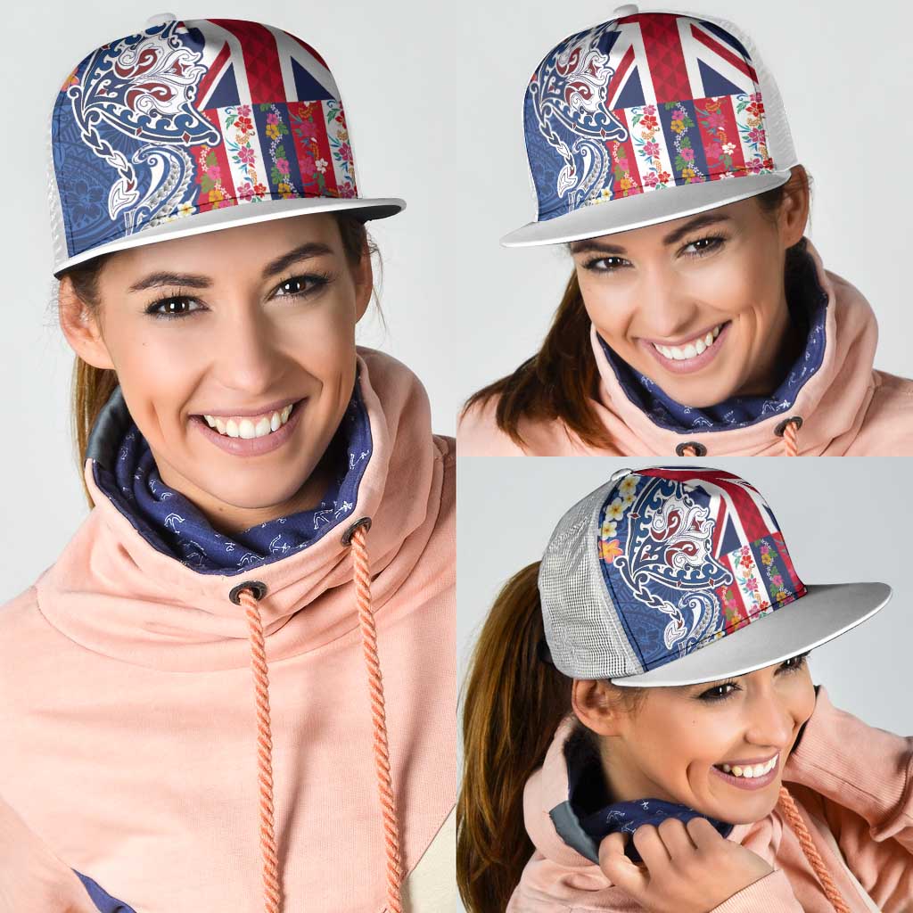 Hawaiian Manta Ray Mesh Trucker Cap with Hawaii Flag and Flowers