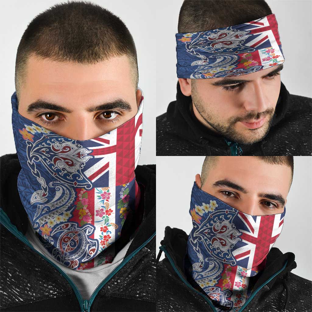 Hawaiian Manta Ray and Turtle Tribal Tattoo Neck Gaiter With Hawaii Flag and Flowers