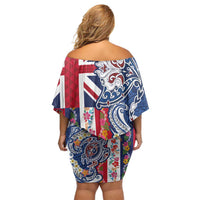 Hawaiian Manta Ray and Turtle Tribal Tattoo Off Shoulder Short Dress With Hawaii Flag and Flowers