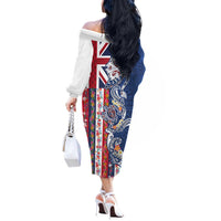 Hawaiian Manta Ray and Turtle Tribal Tattoo Off The Shoulder Long Sleeve Dress With Hawaii Flag and Flowers LT03 - Polynesian Pride