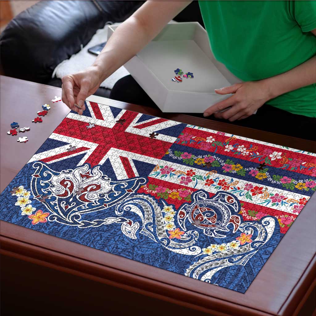 Hawaiian Manta Ray and Turtle Tribal Tattoo Puzzle With Hawaii Flag and Flowers